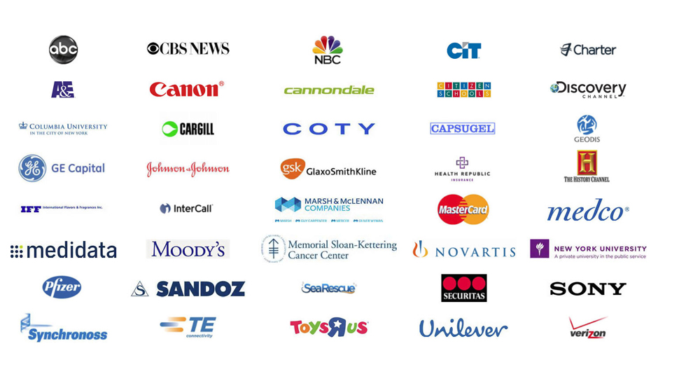 Full client list includes ABC, CBS News, NBC, CIT, Charter, A&E, Canon, Discover Channel